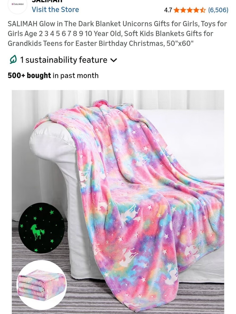 Unicorn Glow-in-the-Dark Plush Throw Blanket - Pastel Rainbow(NEW STILL WRAPPED)